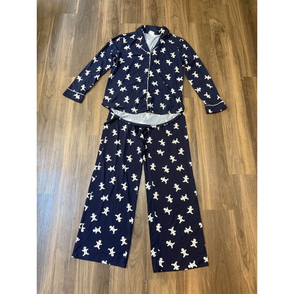 Shimera Pajama‎ Set Womens Small Navy Gingerbread Christmas Sleepwear Button Up